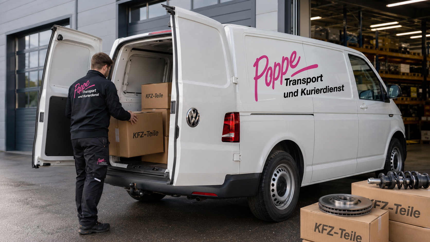 VW Transporter wird mit KFZ-Teilen in Kisten beladen